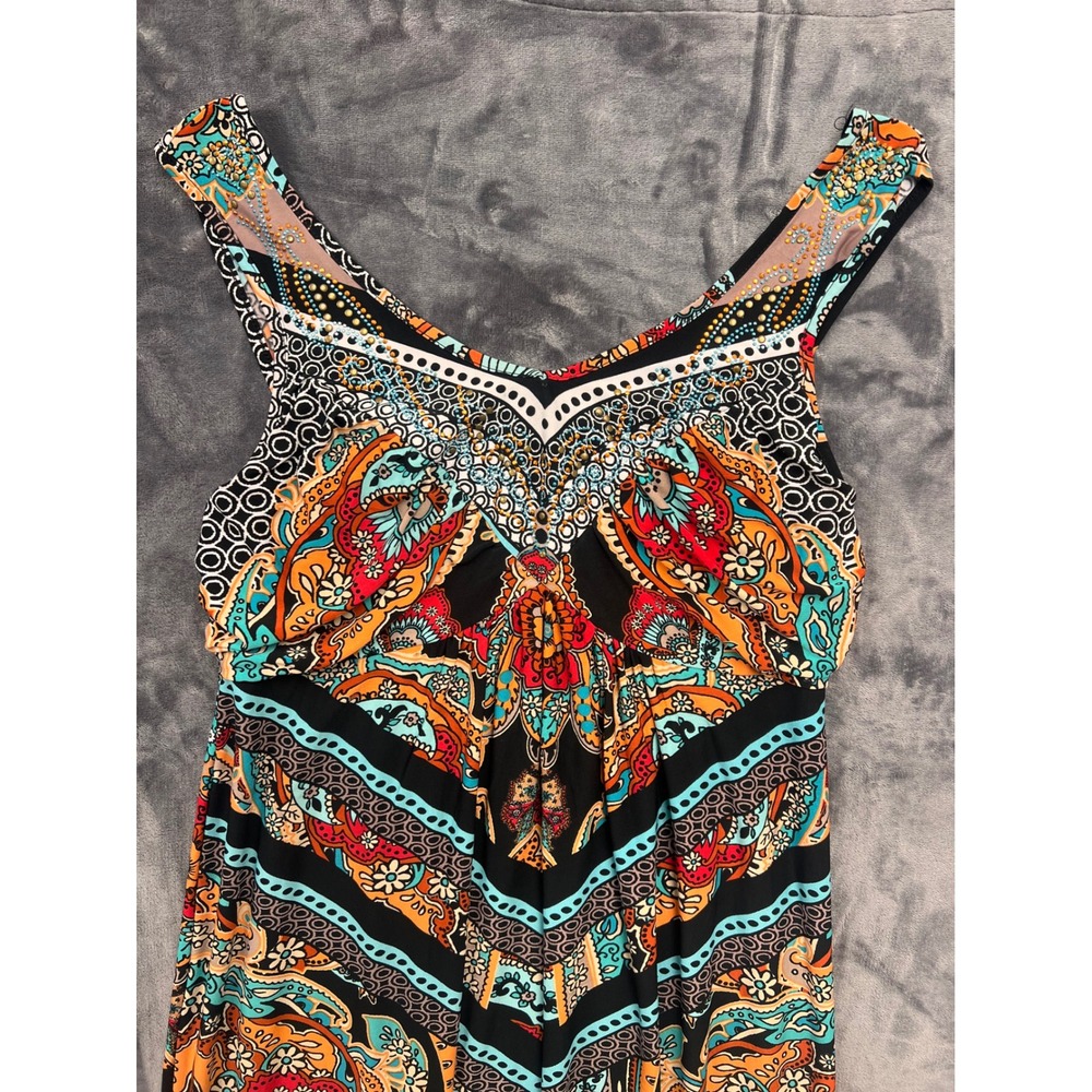 One World High Low Maxi Dress Women XL Multicolor Paisley Boho Rhinestone Summer - Picture 5 of 10
